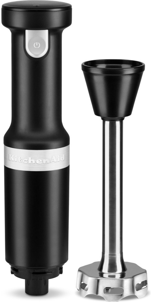 Black hand blender with detached whisk attachment, on a white background.