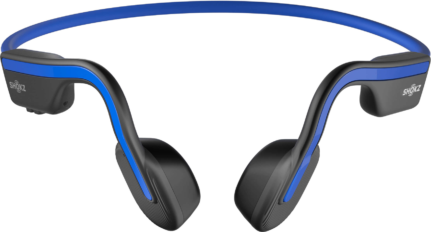 Black and blue Shokz bone conduction headphones.