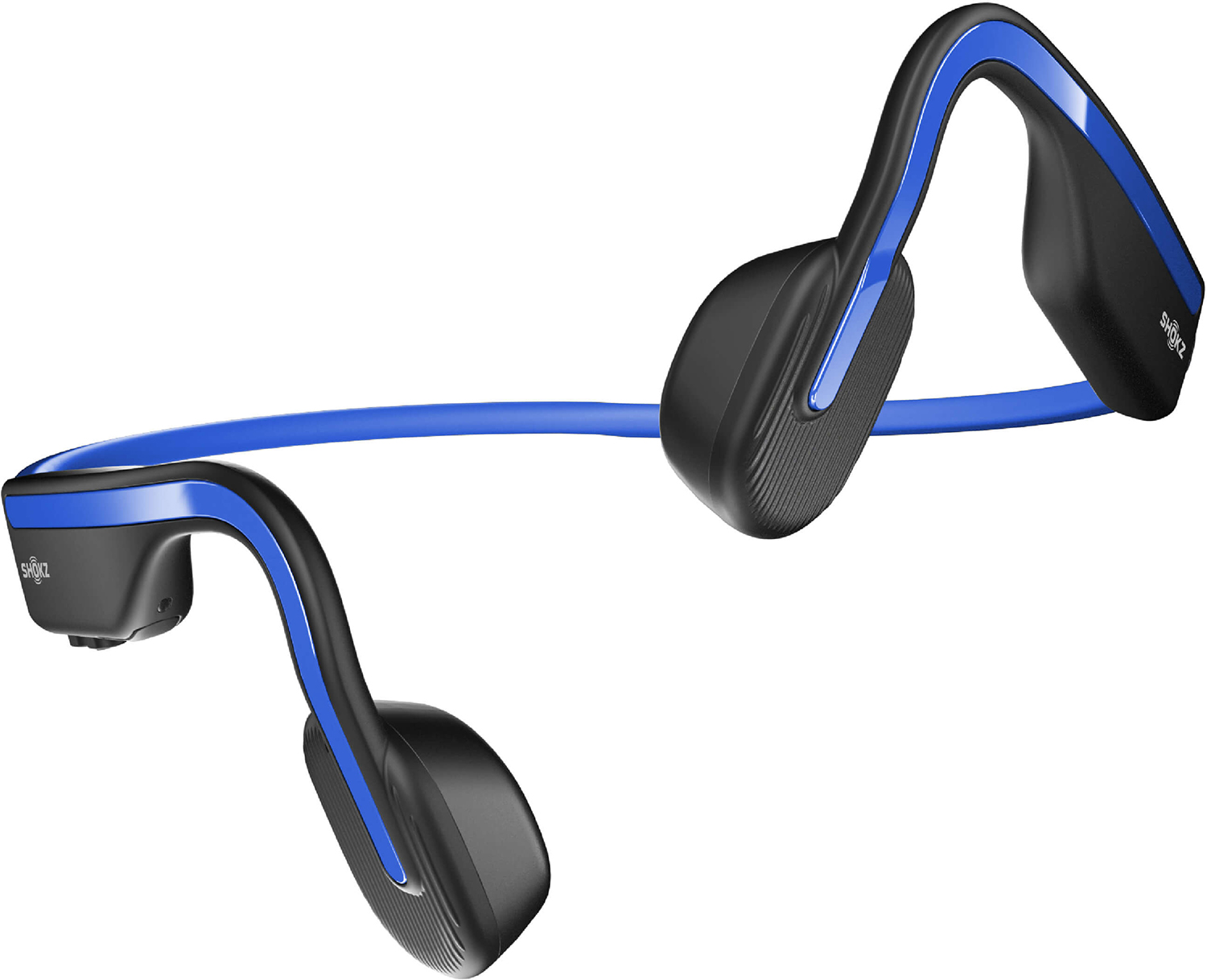 Black and blue bone conduction headphones. They curve around the ears and head.