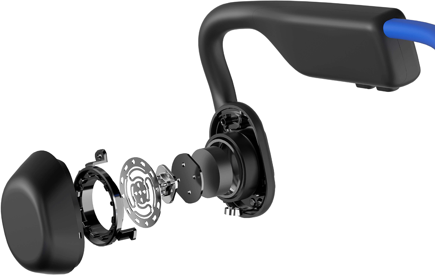 Exploded view of black bone conduction headphones, with components visible.
