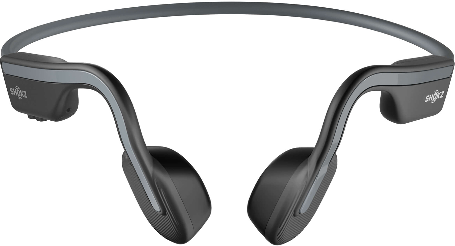Black and gray bone conduction headphones. The design is minimalist and ergonomic.