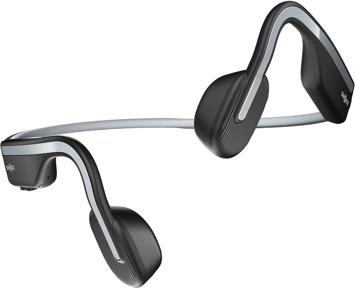 Black and silver bone conduction headphones, curved design, isolated on a white background.