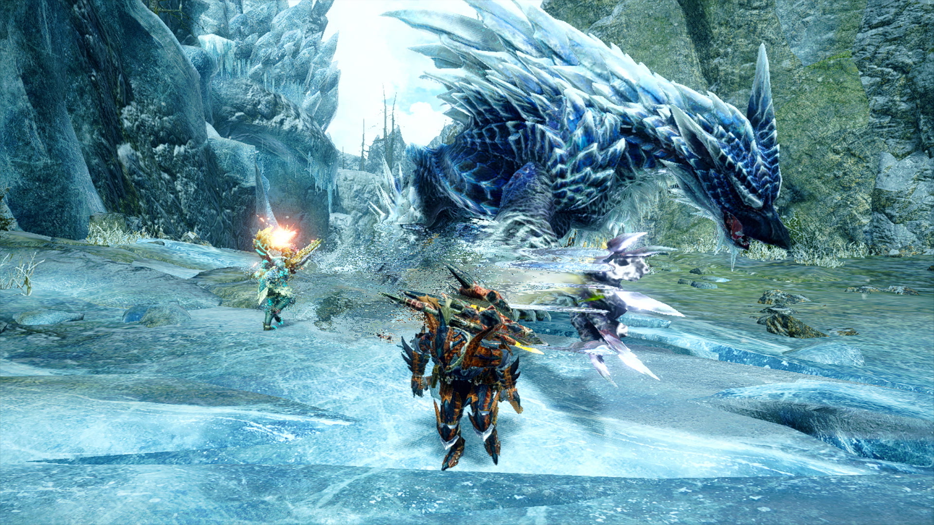 Monster Hunter-Spielszene: Ein großes Monster kämpft mit zwei Jägern in einer verschneiten Landschaft.