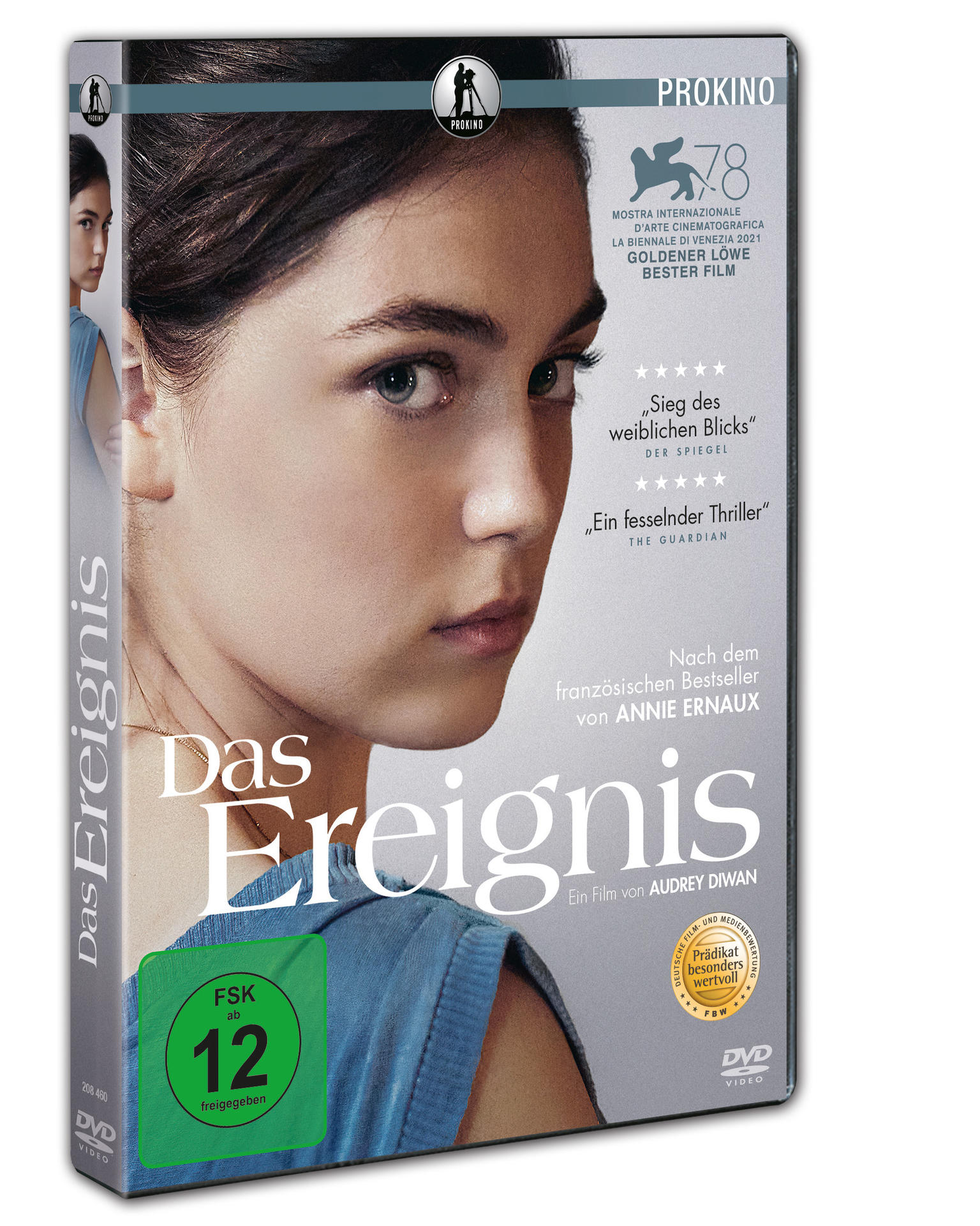 Film-DVD-Hülle mit dem Titel 'Das Ereignis' und dem Gesicht einer Frau. Grüner Altersfreigabe-Aufkleber.