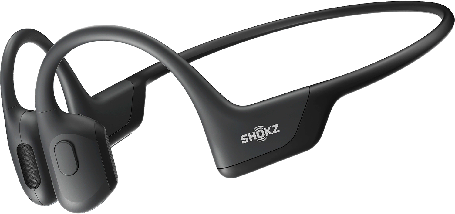 Zwarte beengeleidingshoofdtelefoon met het Shokz-logo zichtbaar op de zijkant.