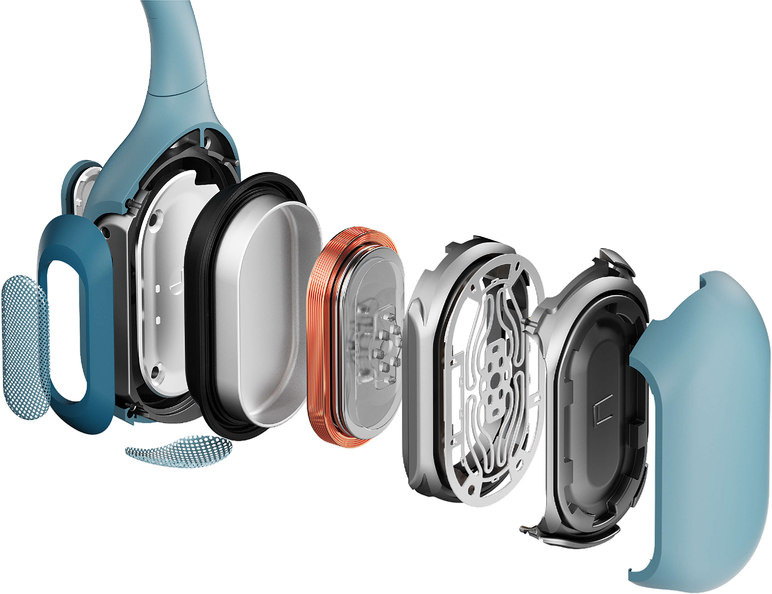 Exploded view of blue sports headphones showing internal components.
