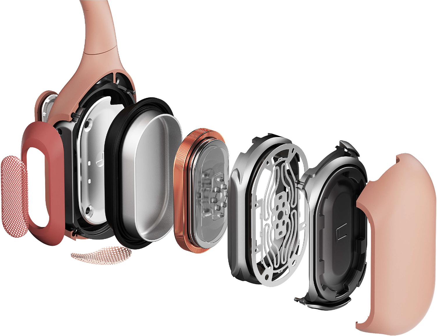 Exploded view van hoofdtelefoon. Toont interne componenten: luidspreker, koperen spoel en buitenkant in roze en zilver.