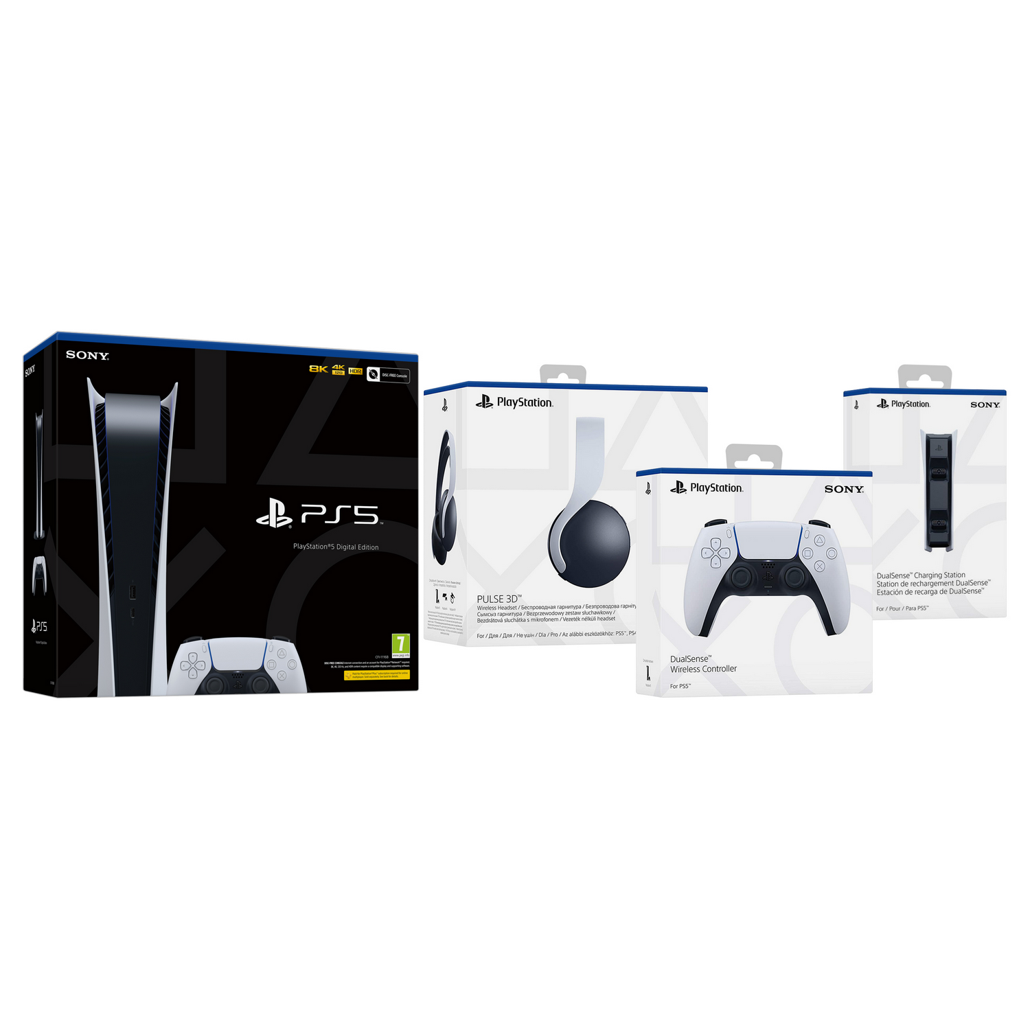 Varios productos de Playstation 5: consola, auriculares y mandos, fondo blanco.
