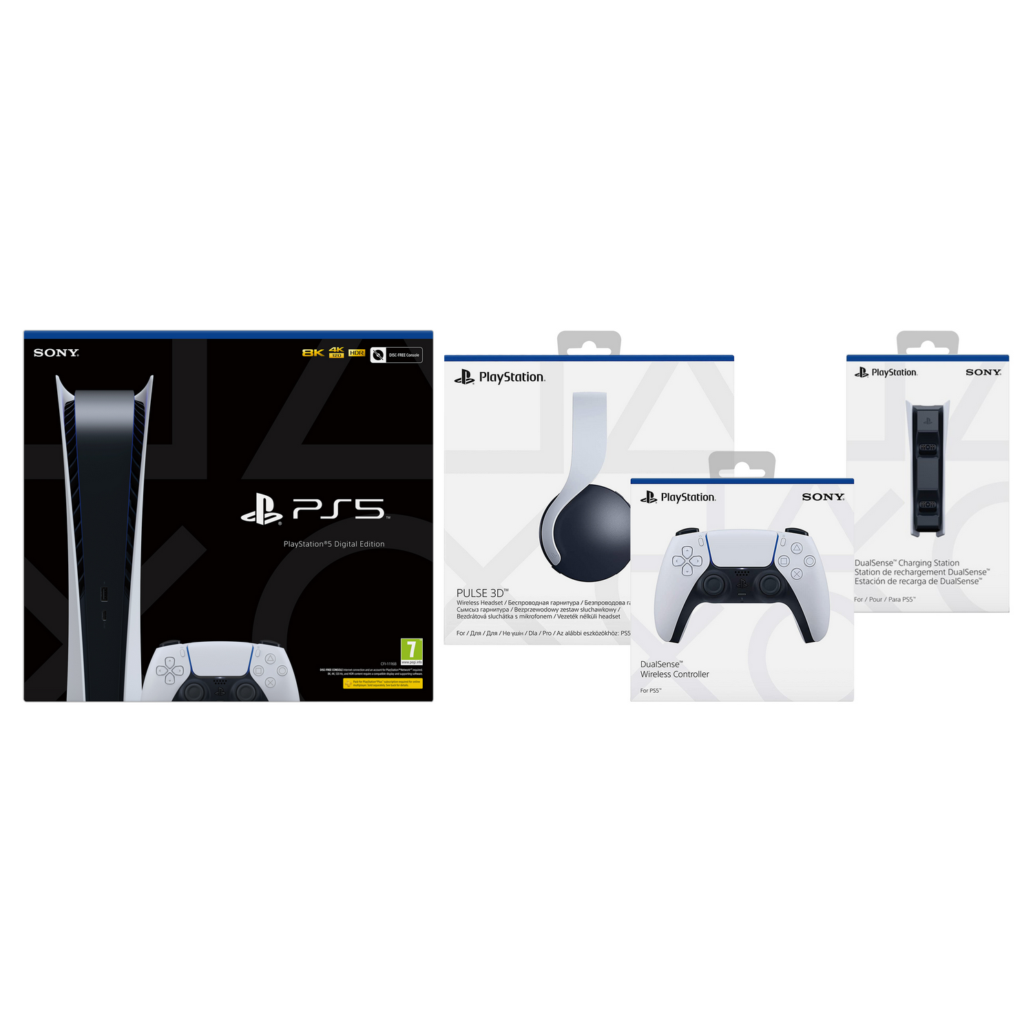 Caja de la consola PS5, mando, auriculares y estación de carga, todo blanco.