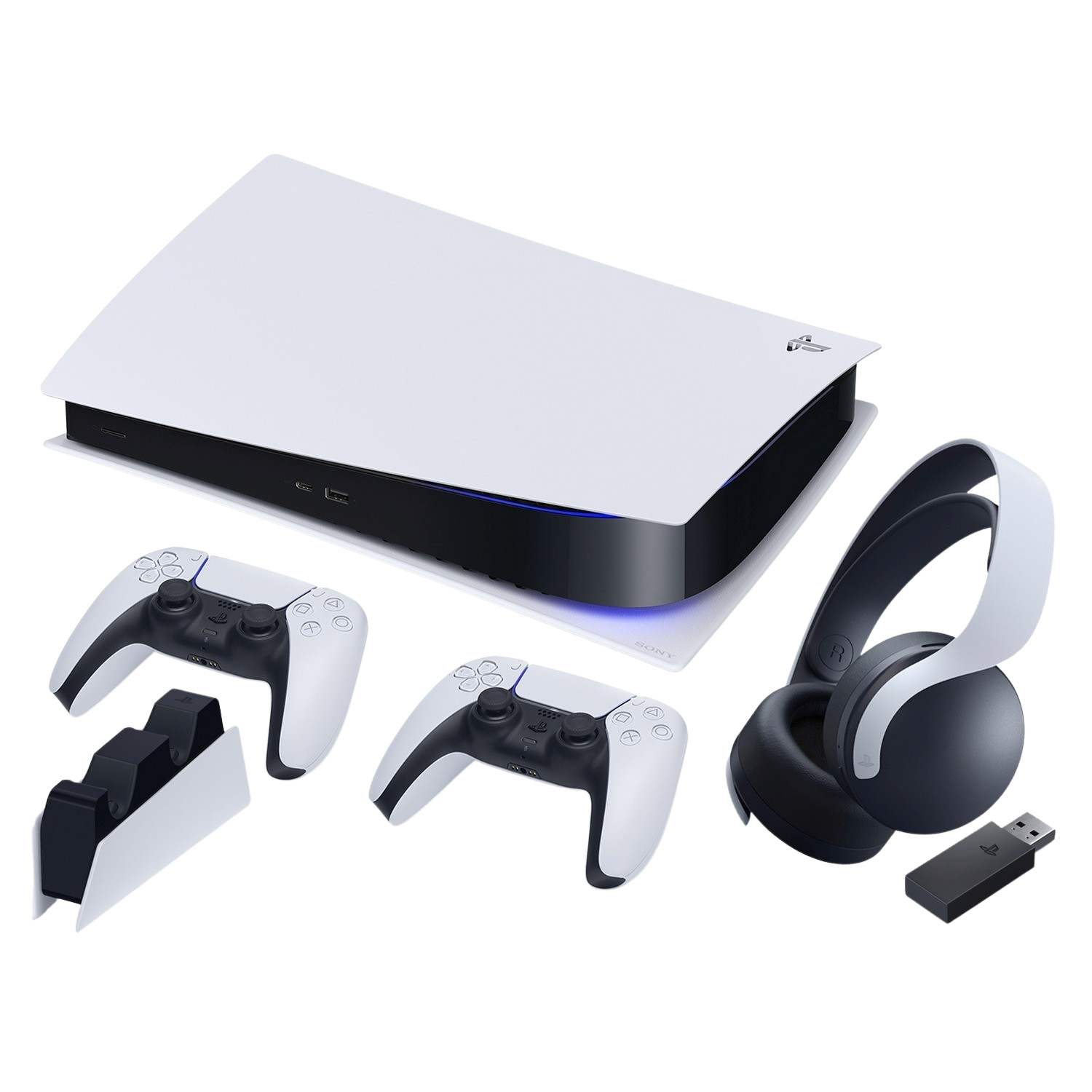 Una consola PlayStation 5 con dos mandos, una estación de carga y unos auriculares.