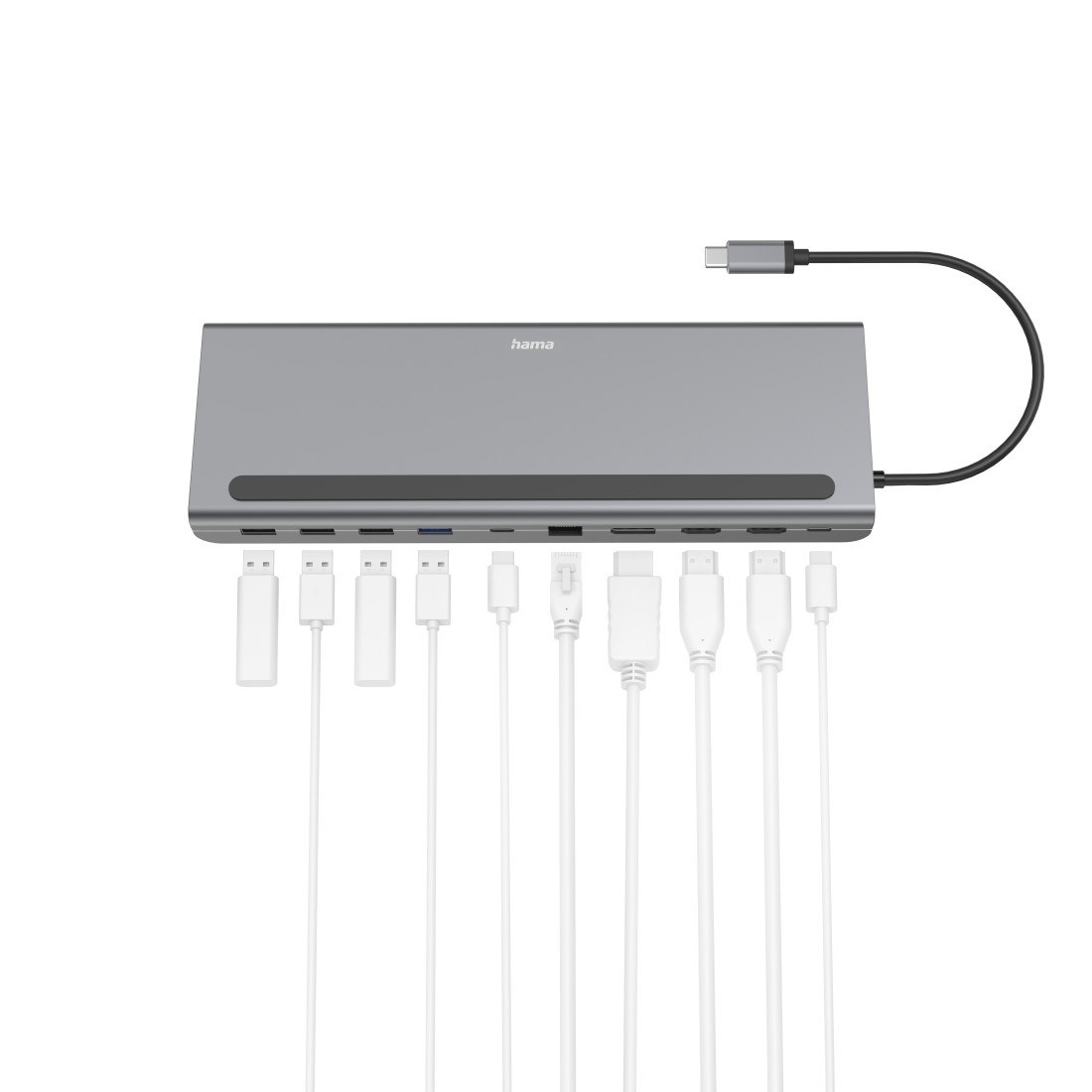 Egy szürke Hama USB-C hub, több porttal és fehér kábelekkel, amelyek különböző eszközökhöz csatlakoznak.