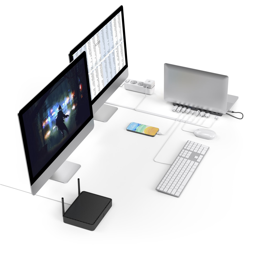 Asztali beállítás két monitorral, laptop, telefon és kiegészítők, mind csatlakoztatva.