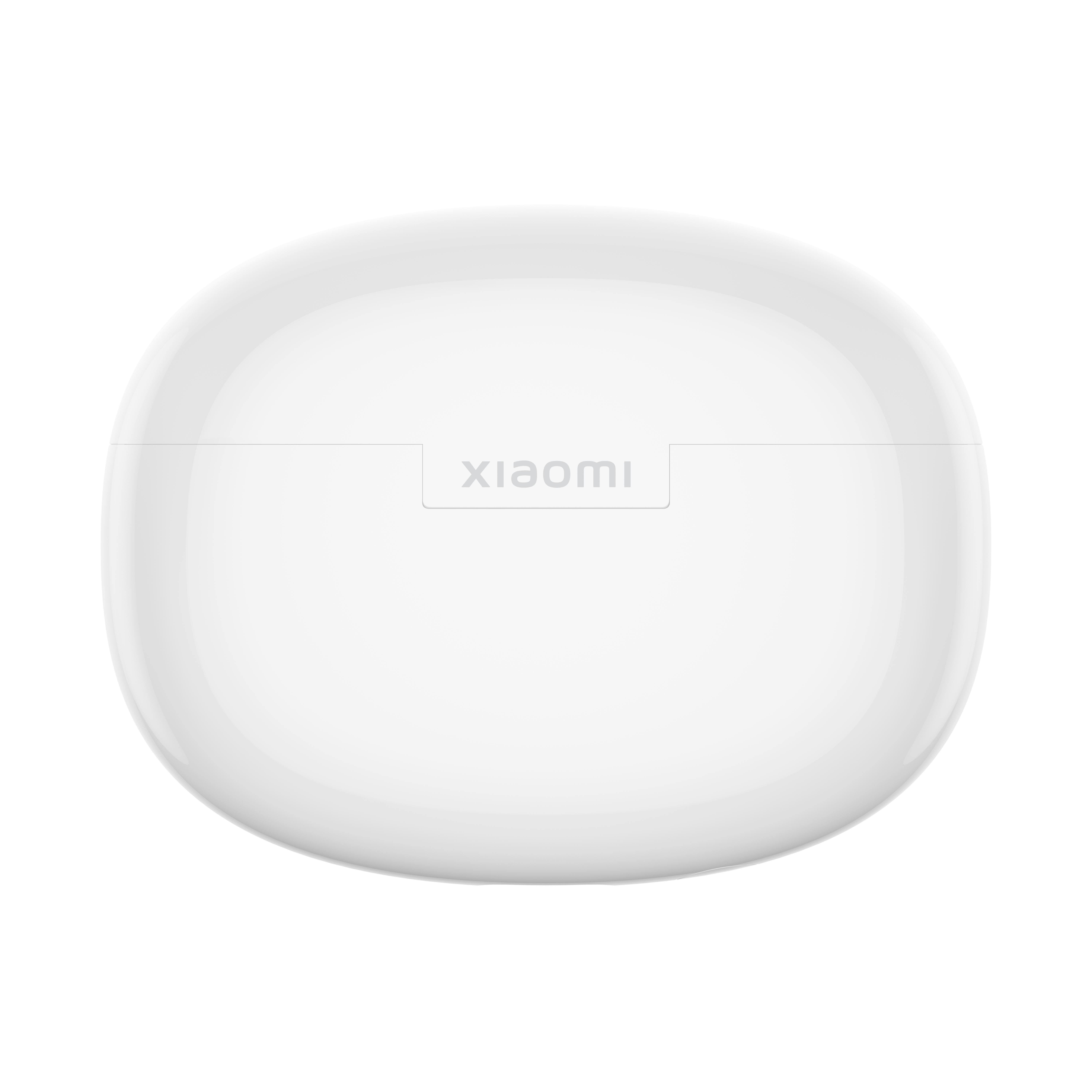 Fehér Xiaomi fülhallgató tok. A tok ovális, szürke Xiaomi logóval.