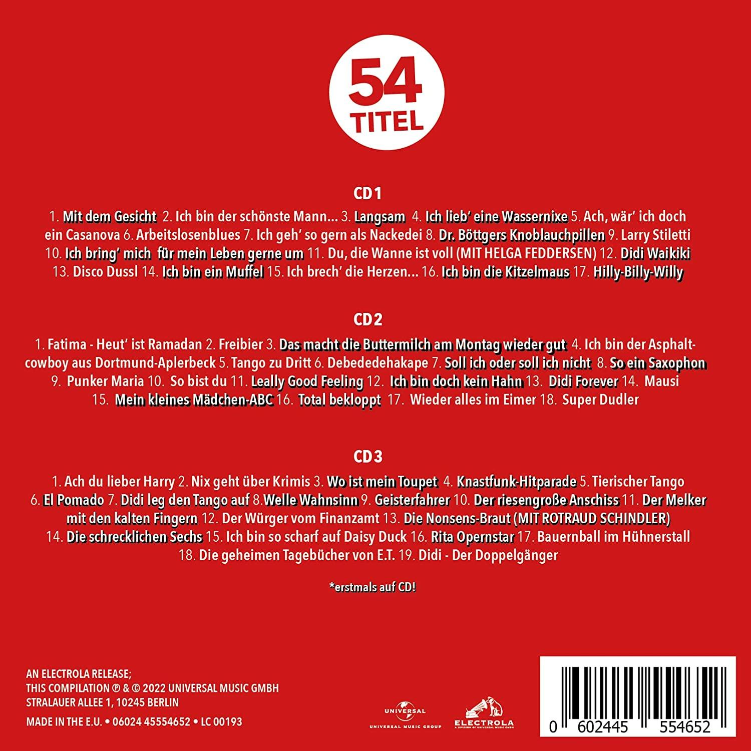 CD-Cover mit rotem Hintergrund, schwarzem Text und einer Titelliste. Der Titel lautet '54 TITEL', mit Logo.