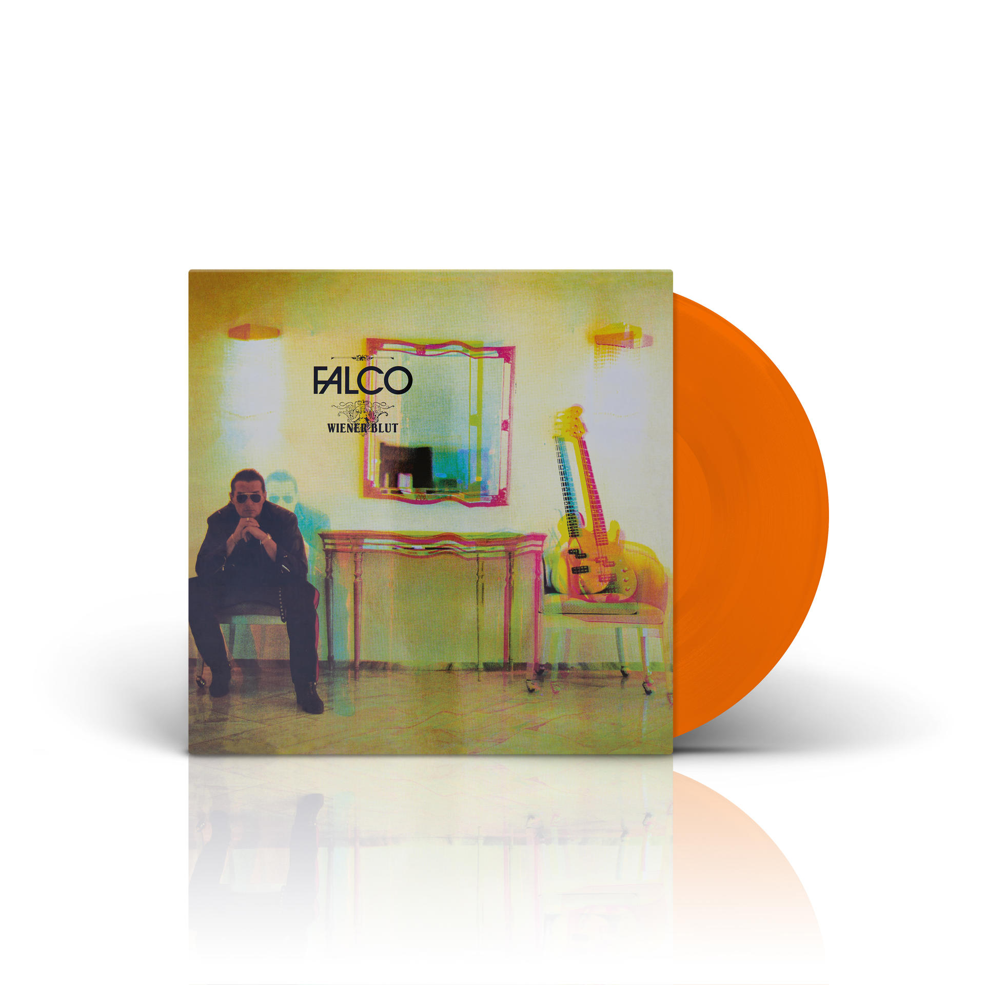 Falco 'Wiener Blut' albumjának borítója narancssárga hanglemezzel.