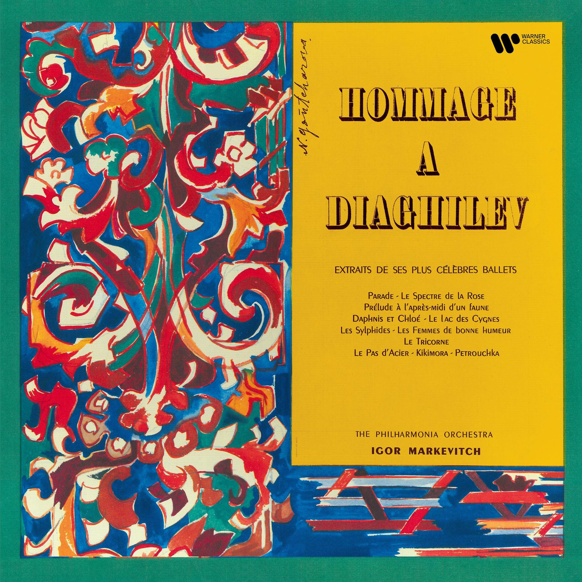 Az album borítója absztrakt művészettel és sárga szöveggel. A cím „Hommage a Diaghilev”. A művész Igor Markevitch.