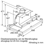 Dessin technique d'une hotte, montrant les dimensions en millimètres et le texte en néerlandais.