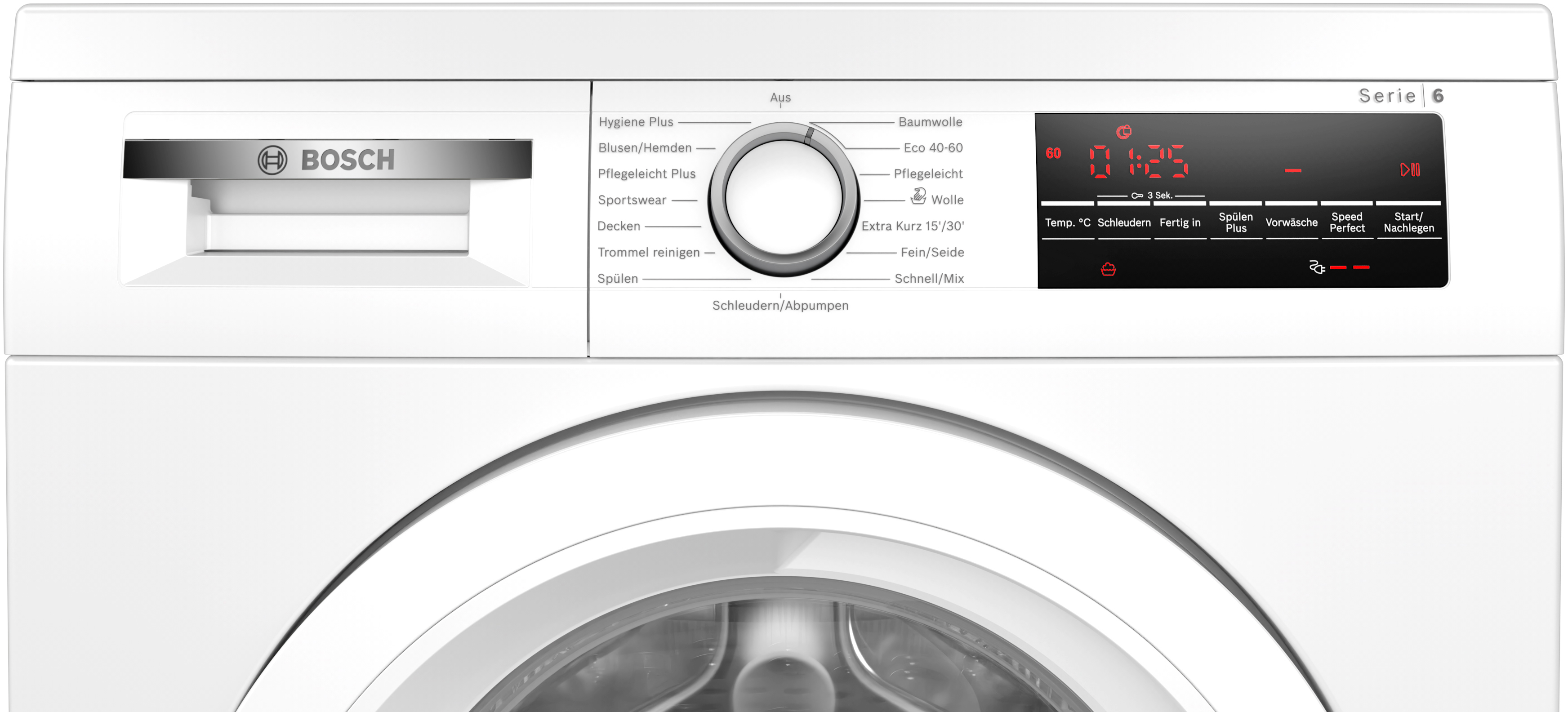 Weißes Bosch-Waschmaschinen-Bedienfeld. Zeigt Optionen für Waschprogramme, einen Timer und die Starttaste.