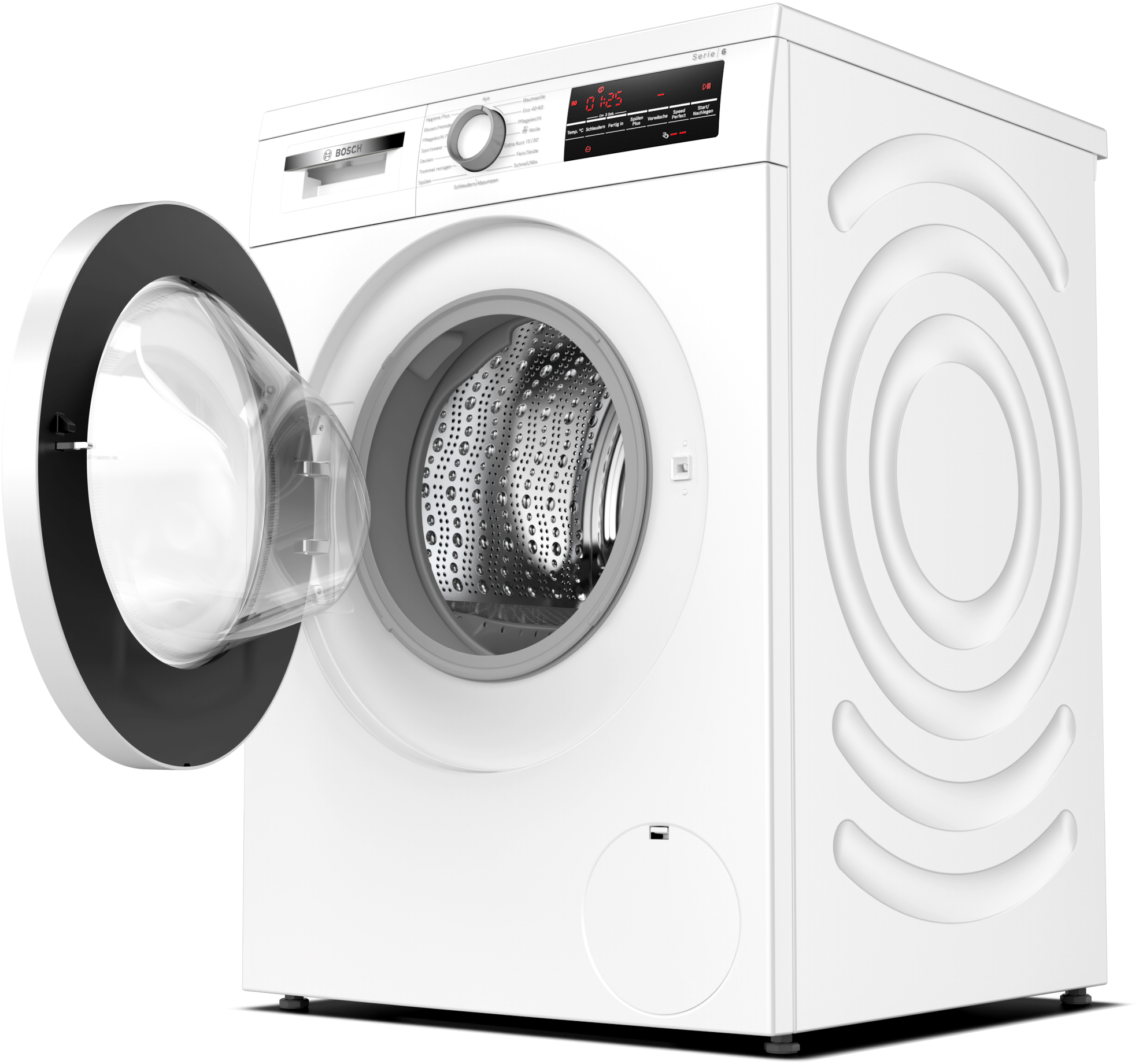 Eine weiße Bosch-Waschmaschine mit geöffneter Tür. Das Digitaldisplay zeigt die Uhrzeit. Der Hintergrund ist weiß.