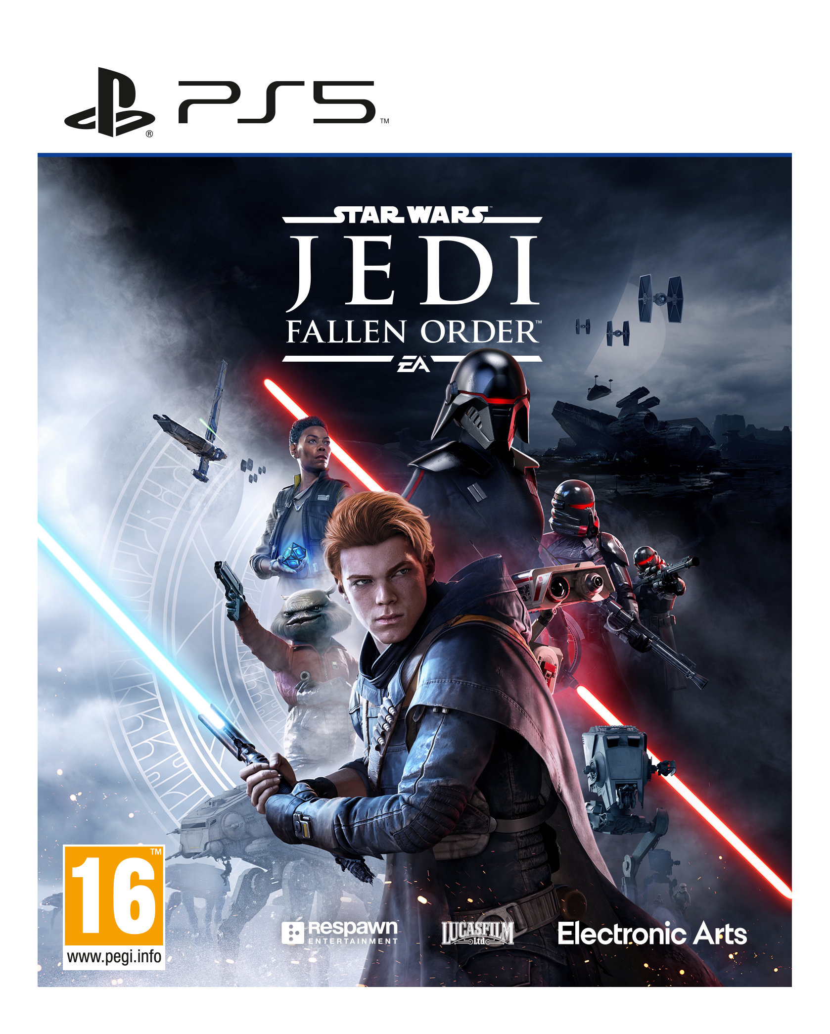 Boîte de jeu PS5 pour Star Wars Jedi: Fallen Order. Personnages avec des sabres laser sur la couverture.