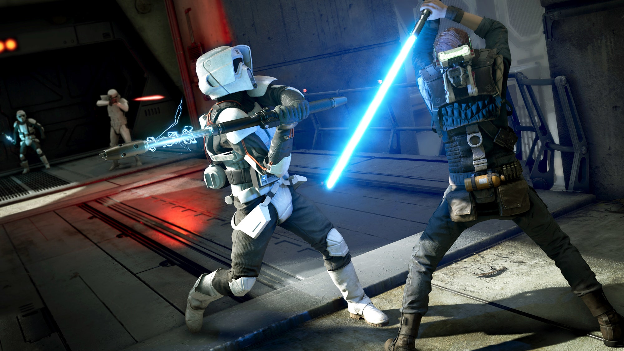 Une personne avec un sabre laser combat une personne avec une arme dans une pièce sombre.