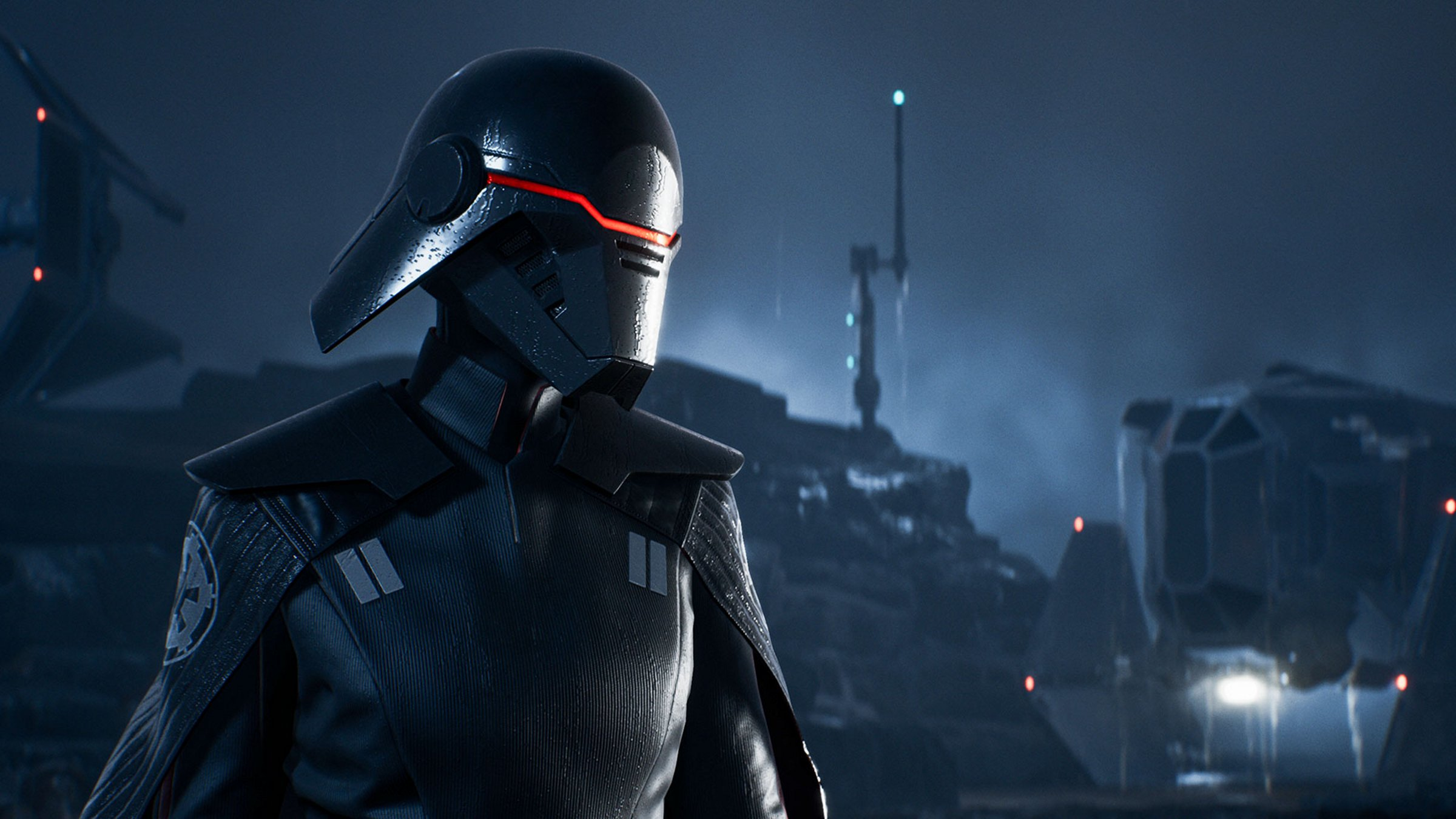 Un personnage de Star Wars en armure et casque noirs. Scène de nuit avec navire en arrière-plan.