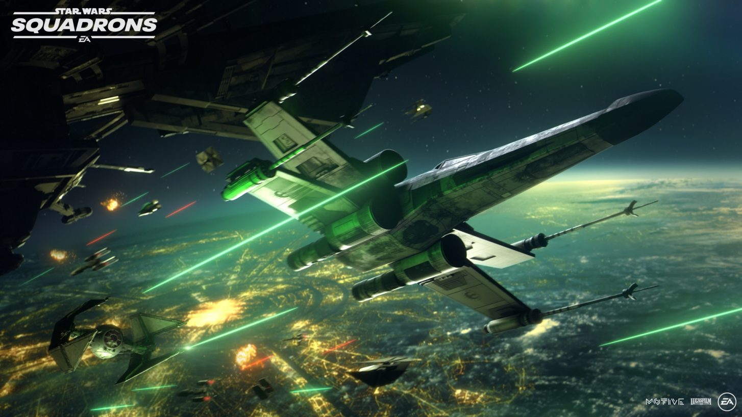 Eine Weltraumbild mit Sternenjägern, Explosionen und dem Star Wars: Squadrons Logo.