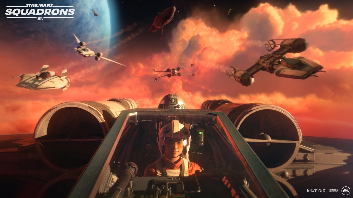 Ein Star Wars Pilot in einem Cockpit mit Raumschiffen, die in einem Sonnenuntergang fliegen.