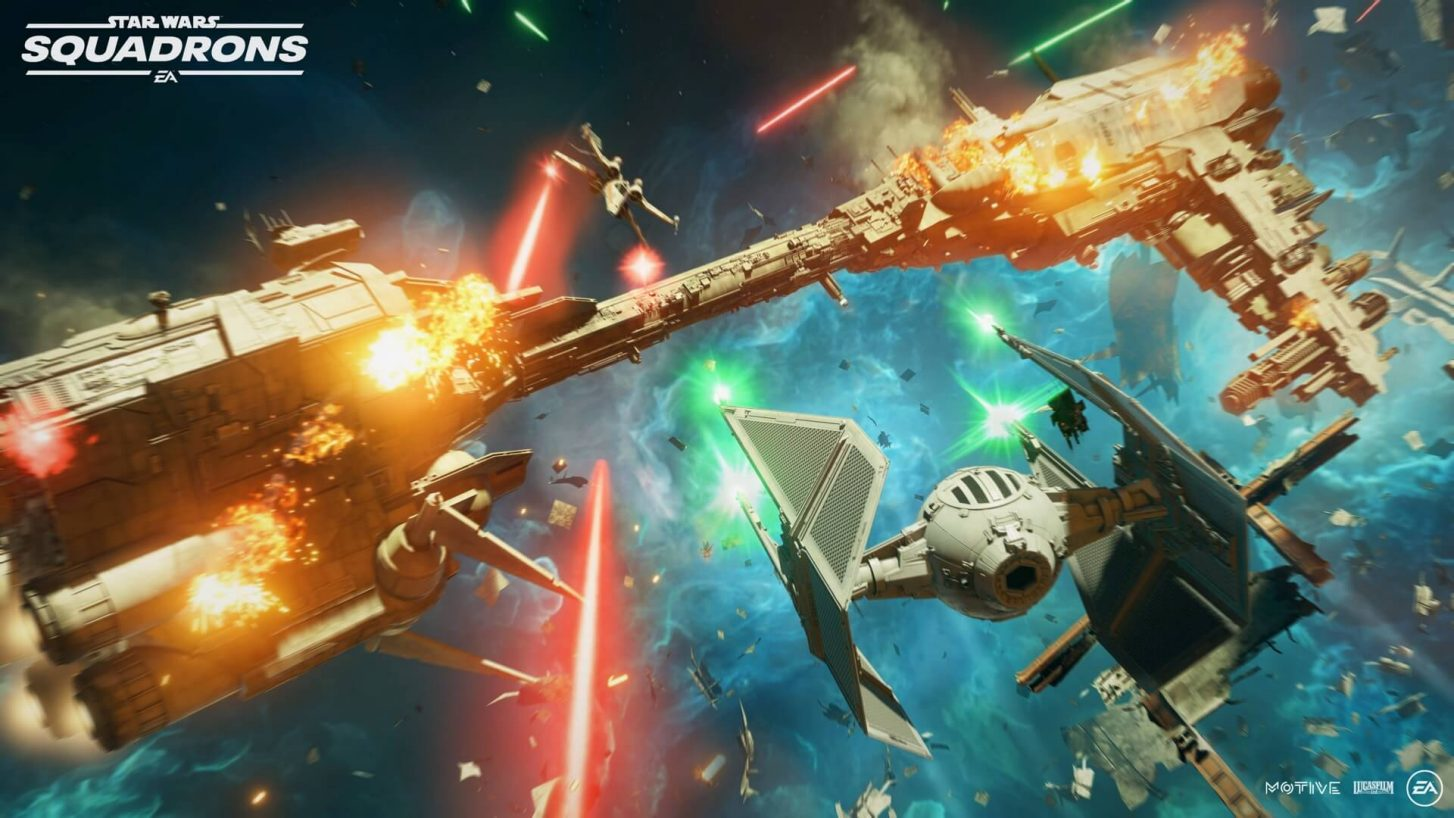 Star Wars: Squadrons Spielszene mit Raumschiffen im Kampf, Explosionen und Weltraum.
