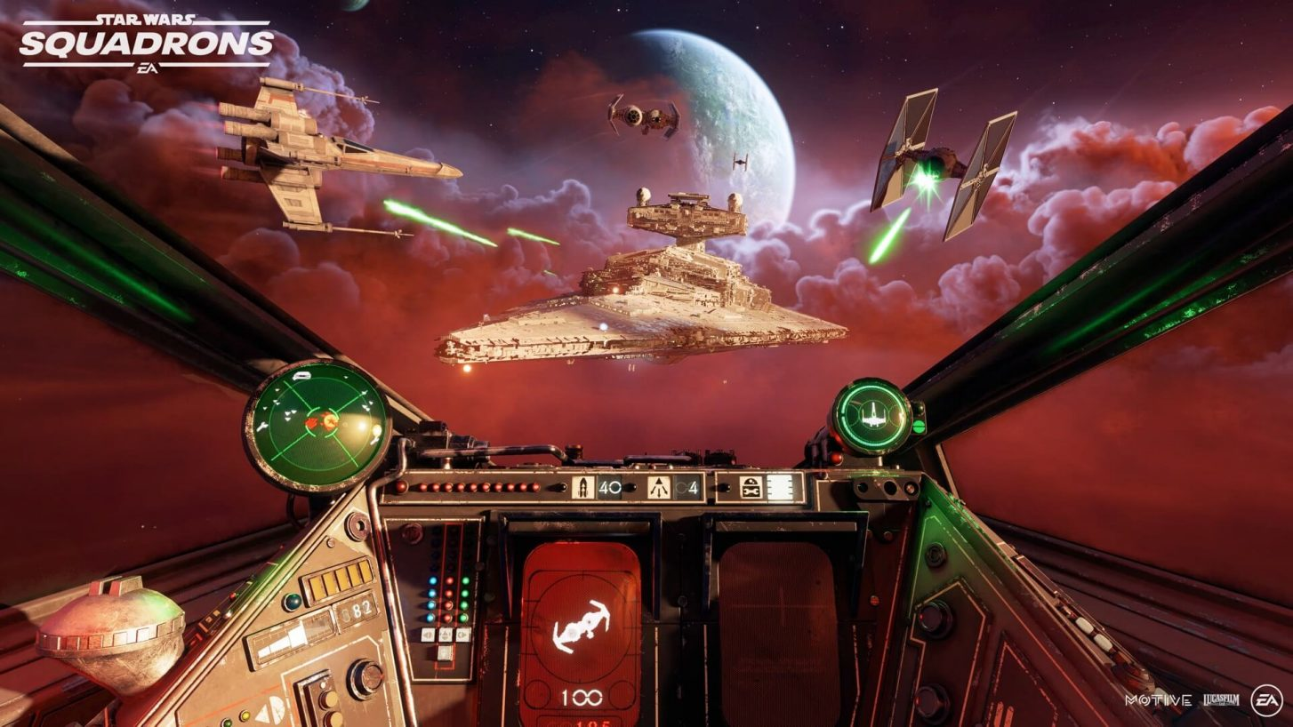 Cockpit-Ansicht, Weltraumschlacht mit X-Wing, TIE-Jägern und einem Sternzerstörer.