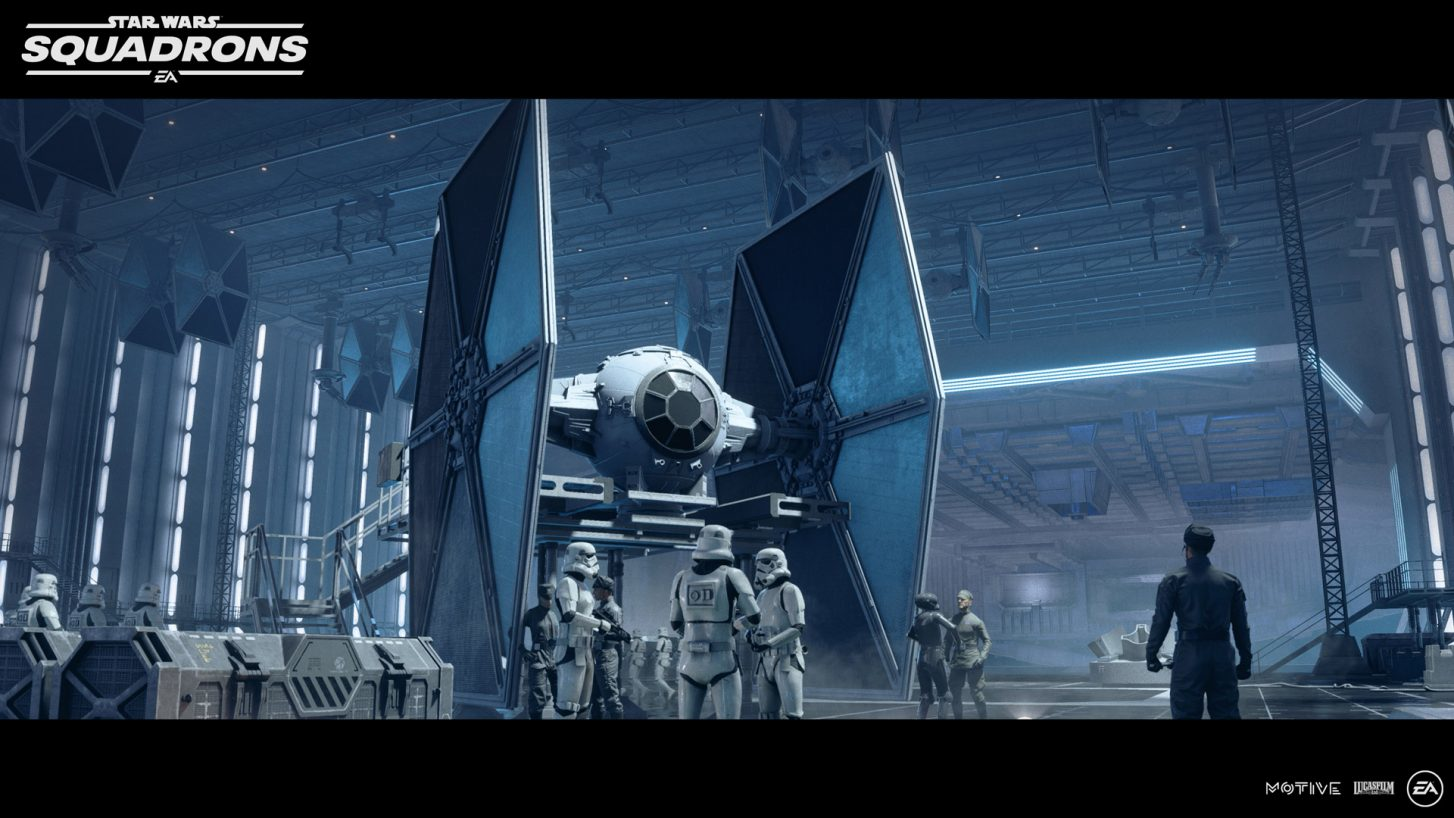 Szene aus Star Wars: Squadrons mit einem TIE-Jäger und Sturmtruppen.