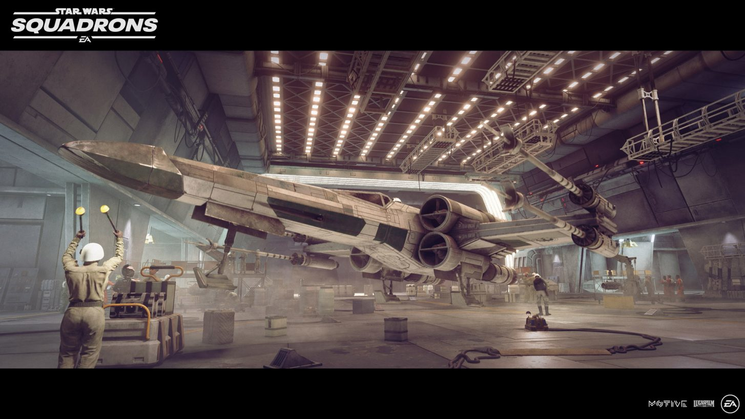Ein X-Wing wird in einem Hangar mit Personal und Ausrüstung gewartet.