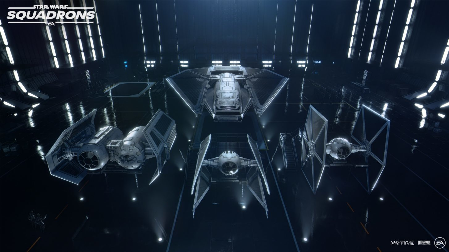 Star Wars: Squadrons Bild. Mehrere TIE-Jäger auf einer reflektierenden dunklen Oberfläche in einem Hangar.