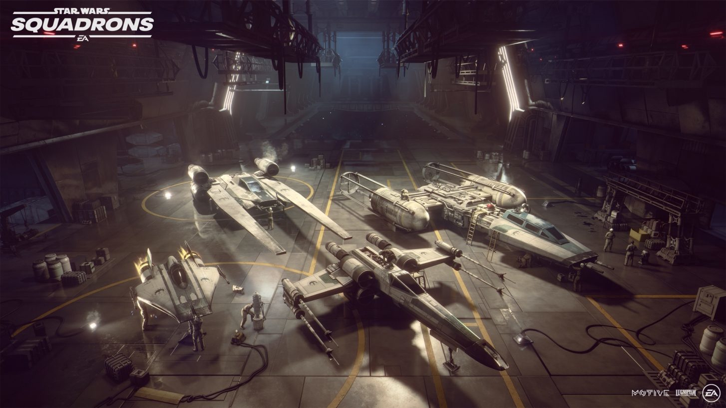 Vier Raumschiffe parken in einem Hangar, von Star Wars: Squadrons EA.