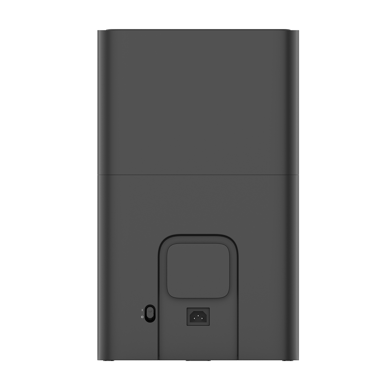 Un dispositivo verticale grigio scuro con una porta di alimentazione in basso. Design minimalista.