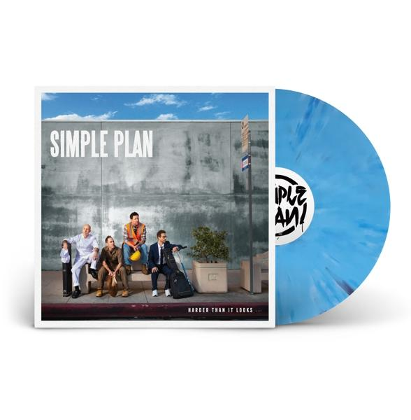 Simple Plan Albumcover mit Bandmitgliedern. Eine blaue Vinylplatte befindet sich rechts vom Albumcover.