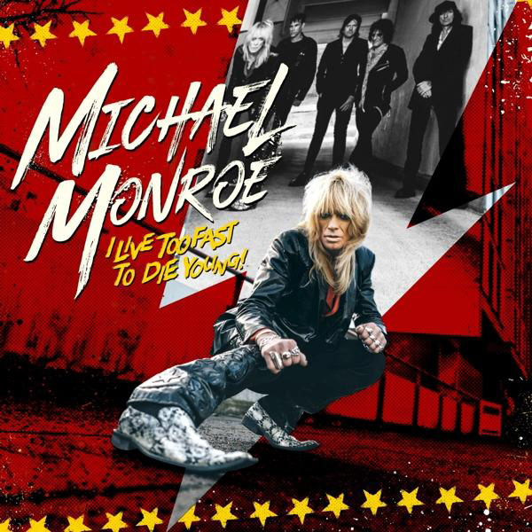 Michael Monroe Albumcover. Bandmitglieder und roter Hintergrund.