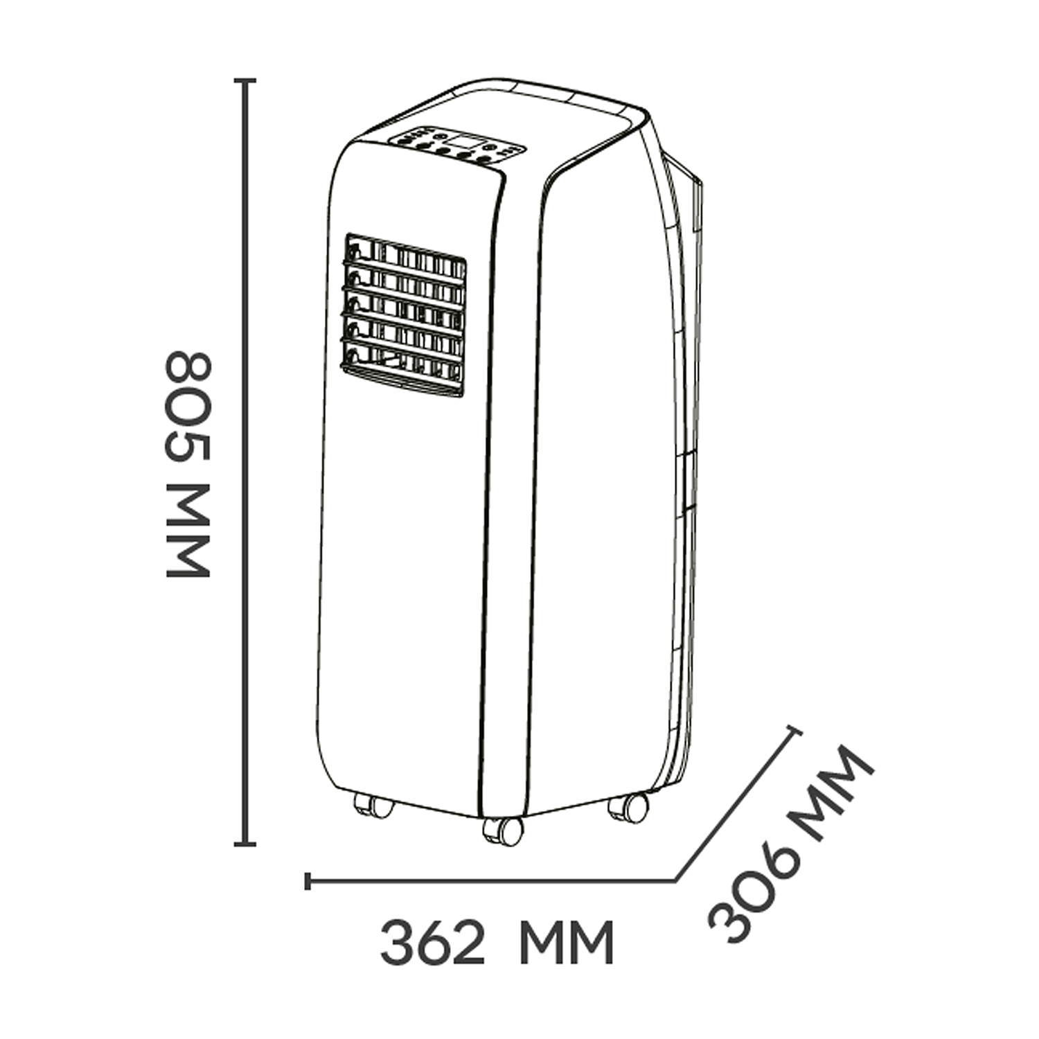 Disegno a tratteggio di un condizionatore portatile con dimensioni: altezza 805 mm, larghezza 362 mm e profondità 306 mm.