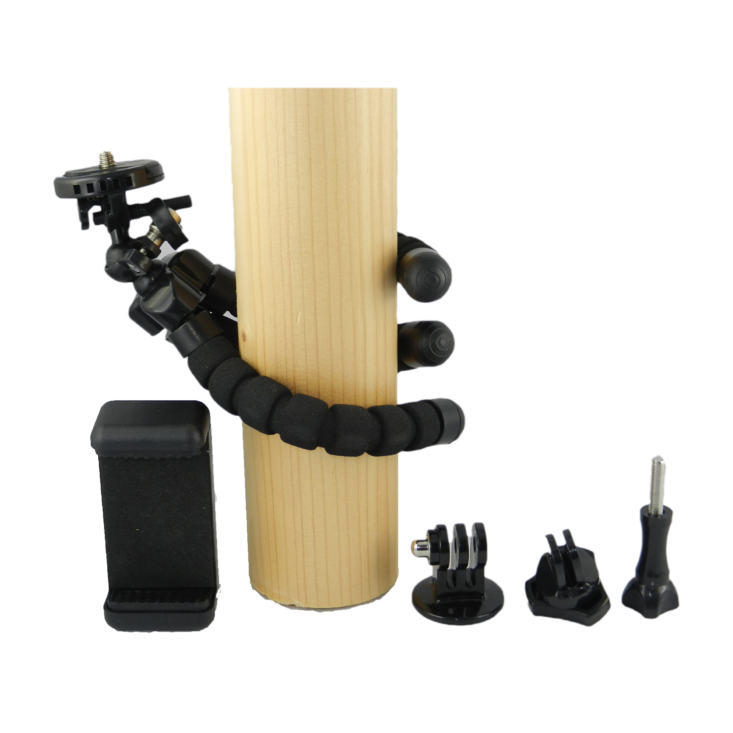 Treppiede con gambe flessibili avvolte attorno a un palo di legno e accessori.