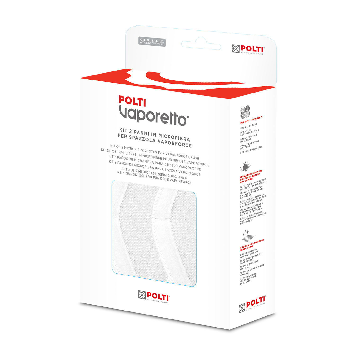 Scatola bianca e rossa di panni in microfibra Polti Vaporetto per la pulizia.