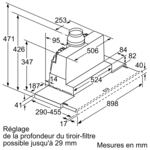 Un dessin technique d'une hotte de cuisine avec des mesures en millimètres.