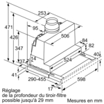 A technical drawing of a kitchen exhaust hood, showing dimensions and parts.