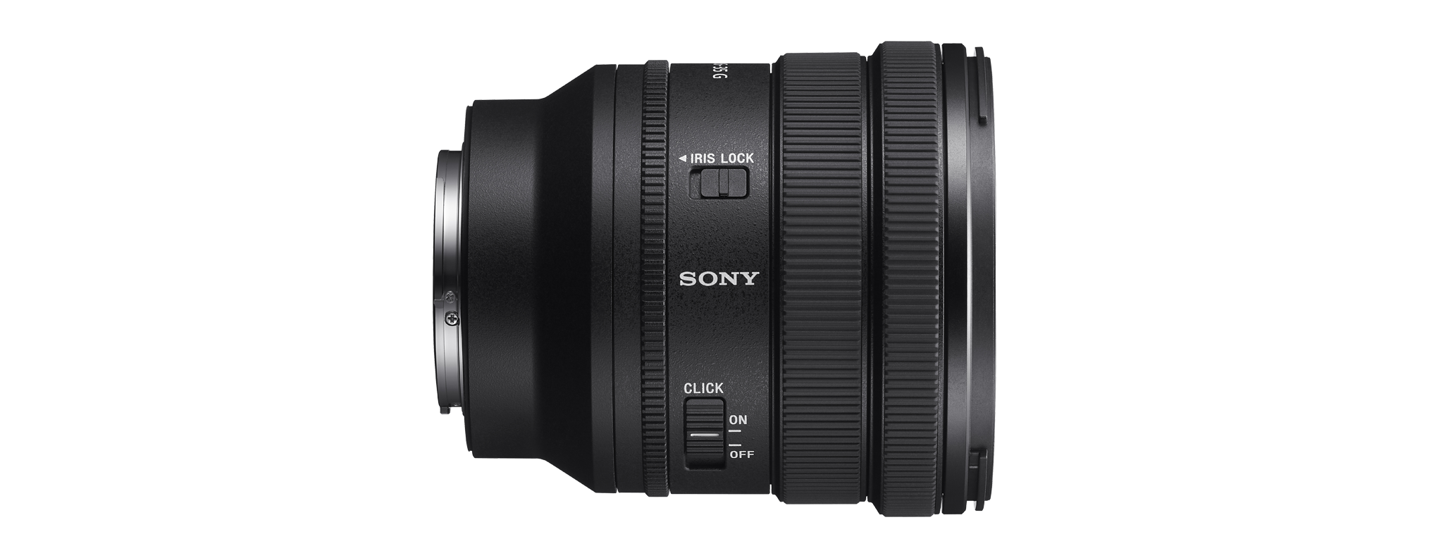 Ein schwarzes Sony-Kameraobjektiv vor schwarzem Hintergrund. Sony ist auf dem Objektiv geschrieben.
