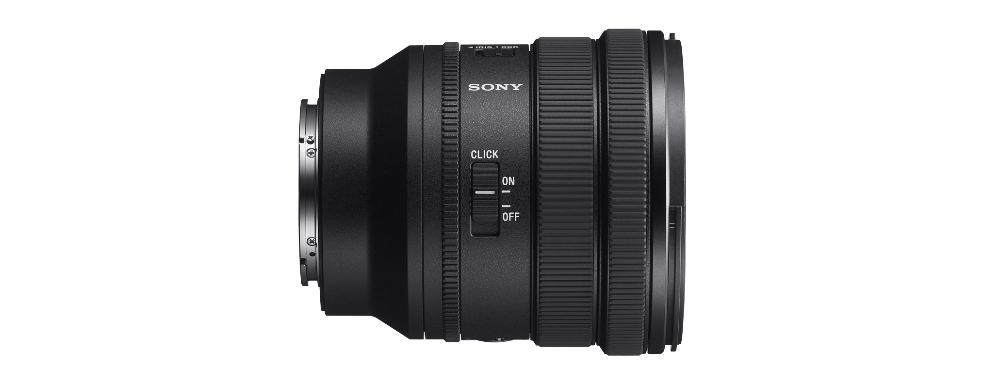 Sony Kameraobjektiv, schwarz, mit Klickschalter und Fokusring auf schwarzem Hintergrund.