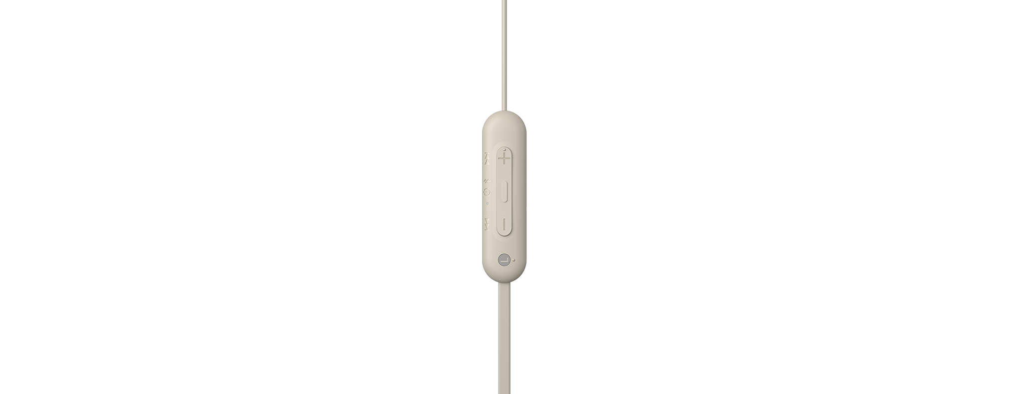 Beige In-Ear-Kopfhörer mit Steuerungsknopf. Schwarzer Hintergrund.