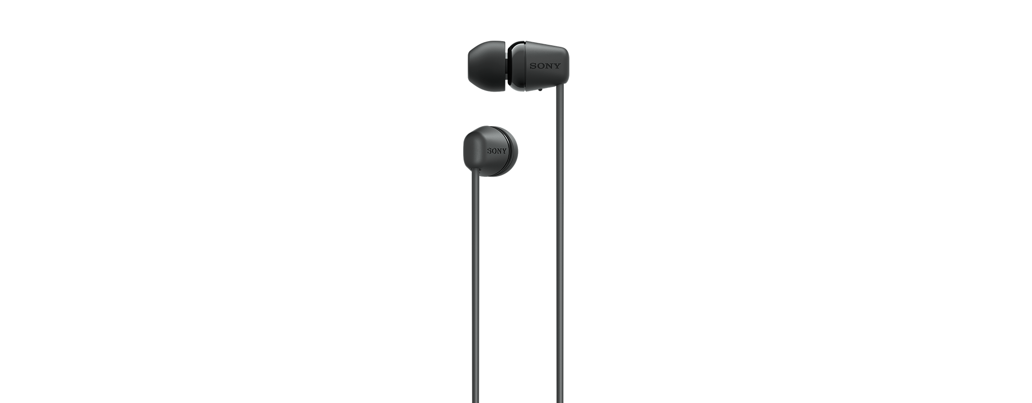 Ein Paar schwarze In-Ear-Kopfhörer mit Kabel, vor schwarzem Hintergrund.
