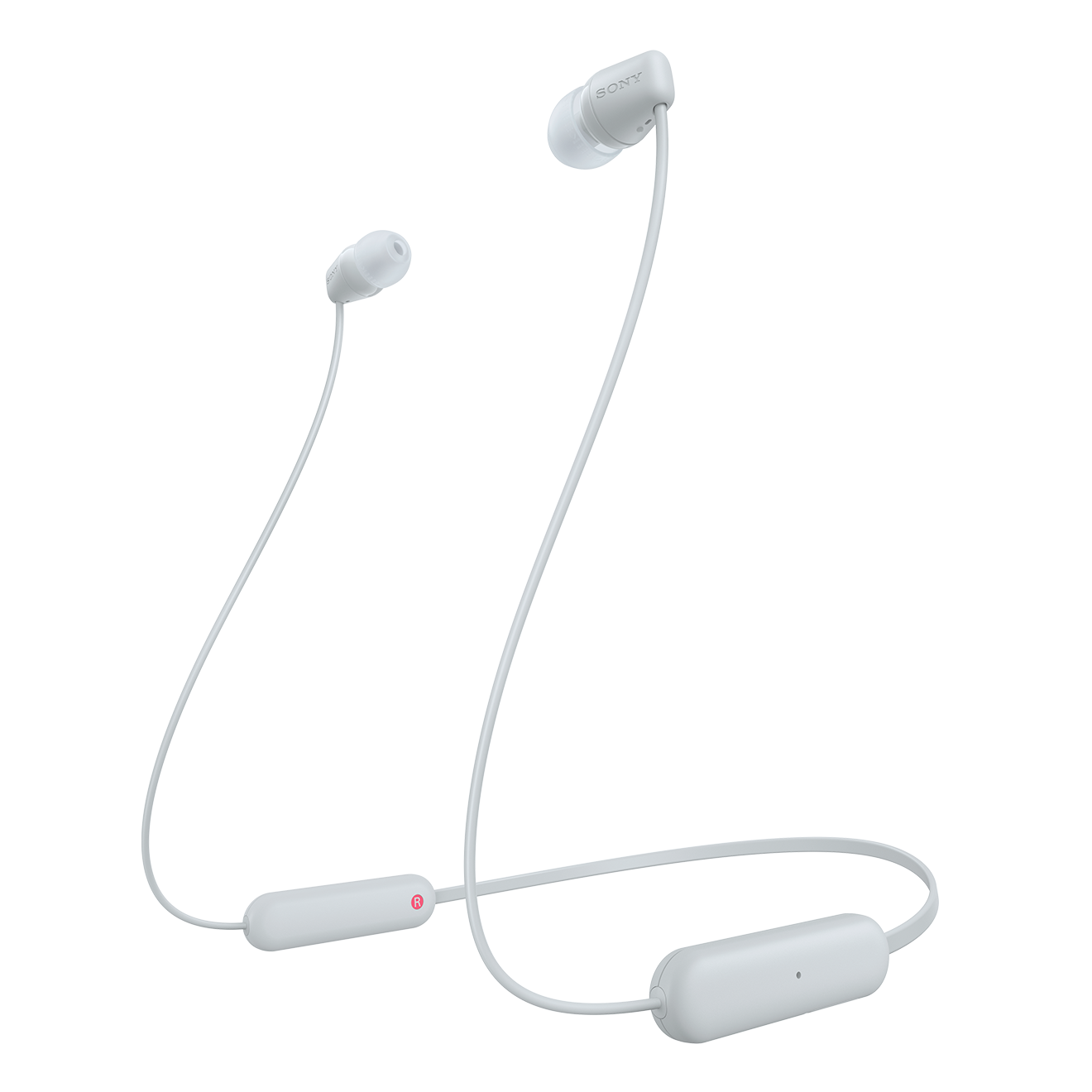 Weiße kabellose Ohrhörer mit weißem Kabel und Bedienelement auf schwarzem Hintergrund. Die Marke ist Sony.