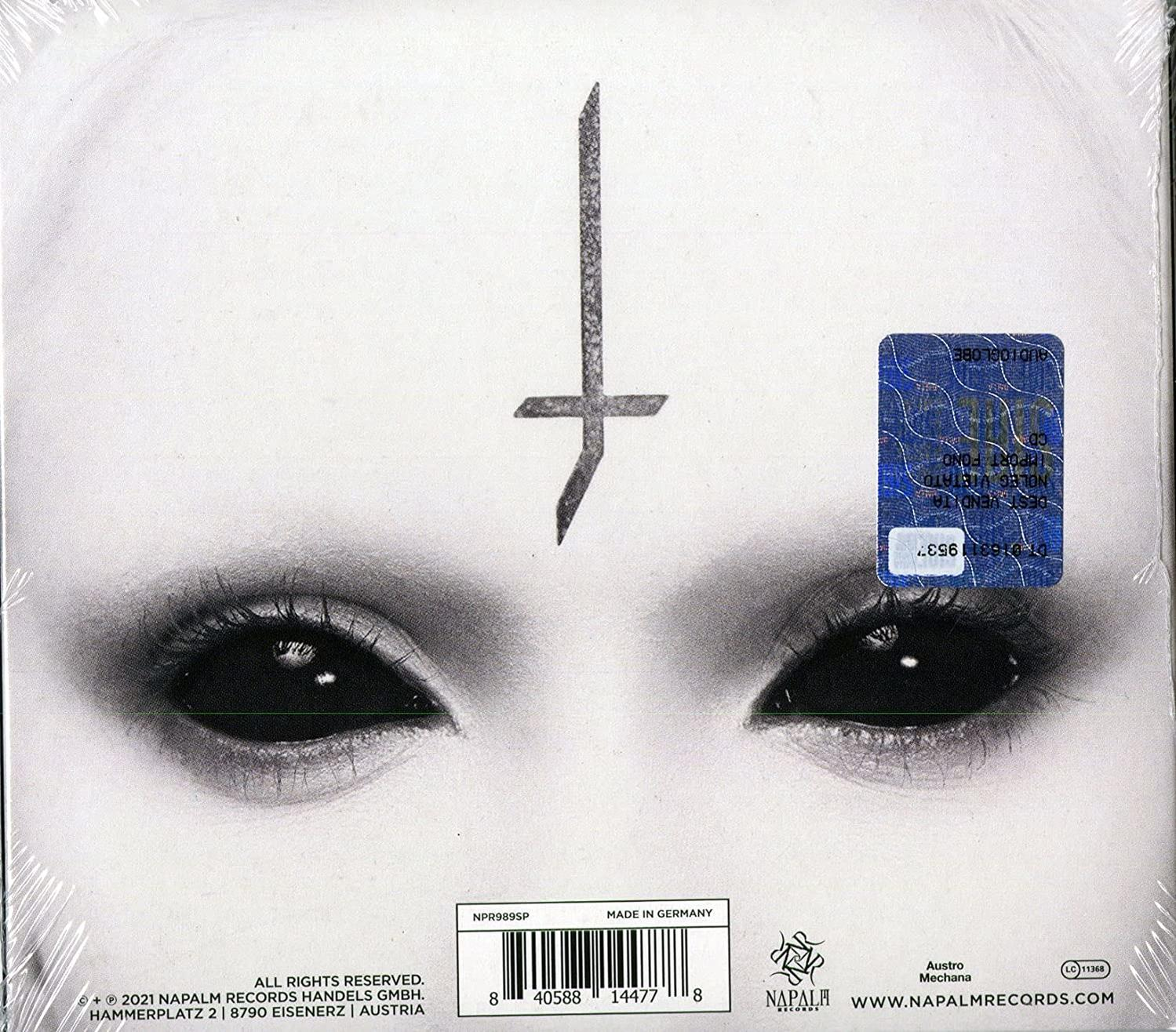 Albumcover mit Augen und umgekehrtem Kreuz. Weißer Hintergrund. Schwarze Augen.