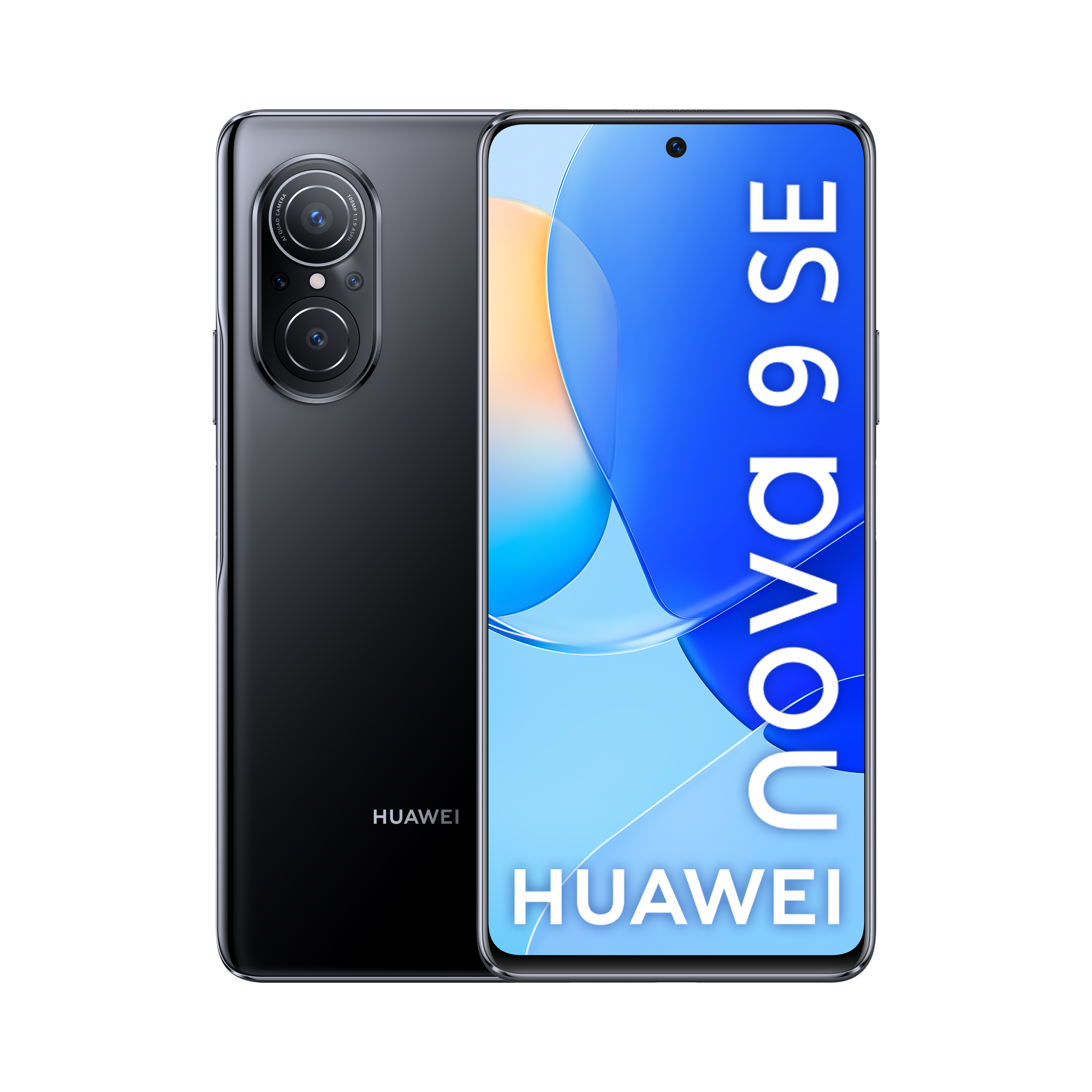 Teléfono negro Huawei Nova 9 SE. Cámaras duales traseras visibles, pantalla muestra el nombre de la marca.
