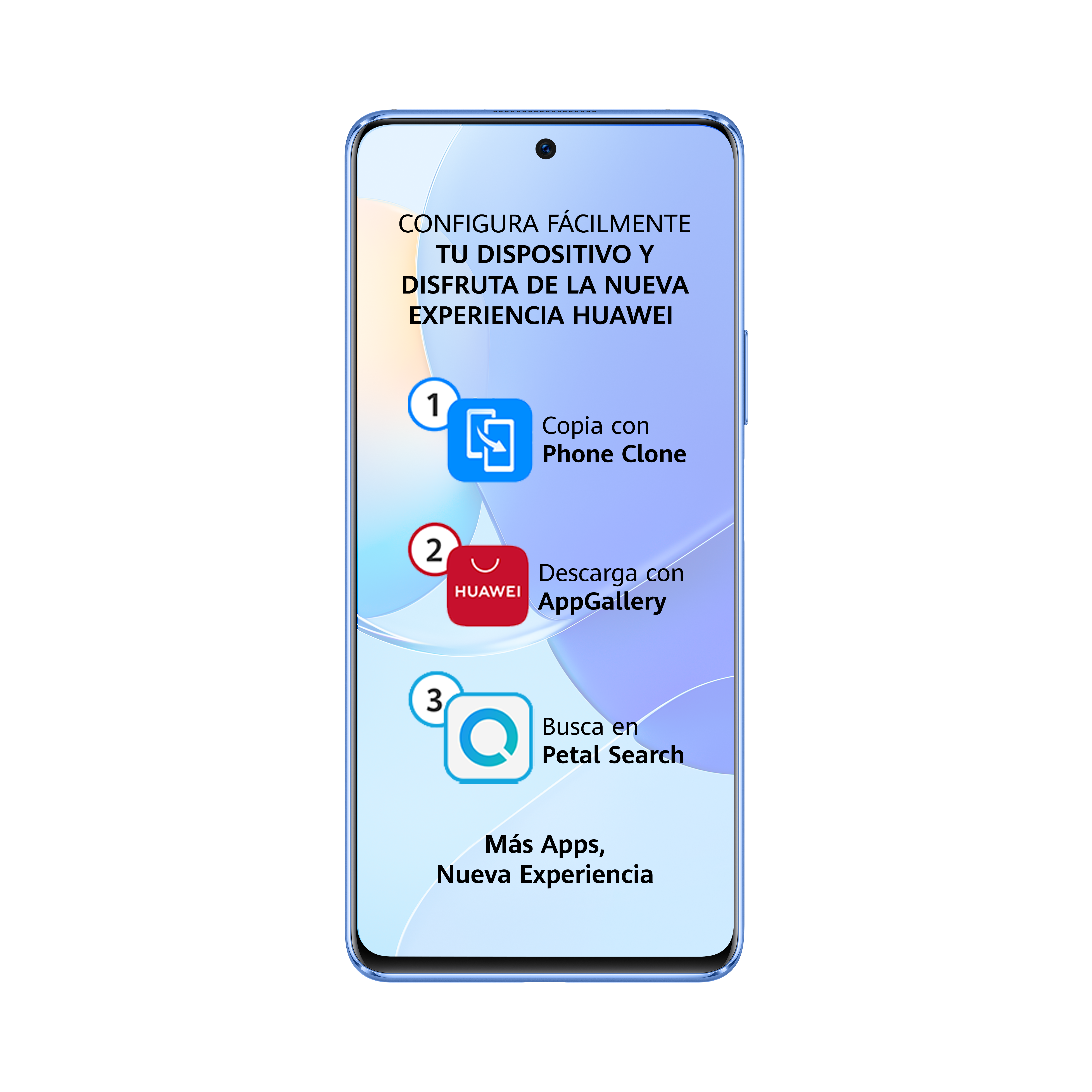 Pantalla de smartphone con instrucciones de configuración: Copiar, Descargar, Buscar.